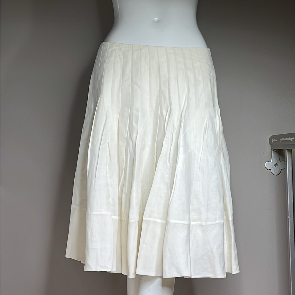 Ralph Lauren Sz 10 Ramie Linen Flat Front Pleated Off White Lined Skirt Pockets